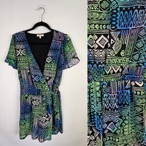 HALO Short Sleeve Romper SIze Medium Deep Plunge V Neck Wrap Style TIe